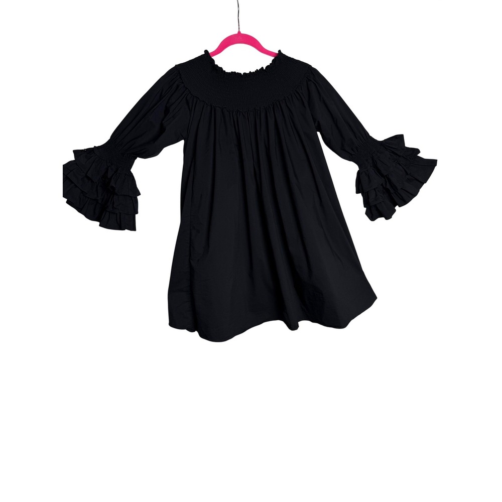 Blanc Studio Babydoll Dress Womens Black Smocked Tiered Ruffle Sleeve Mini - Picture 2 of 13